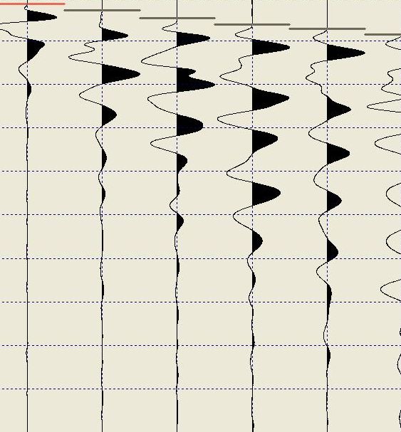 sismogramma con picking dei tempi di arrivo delle onde di compressione